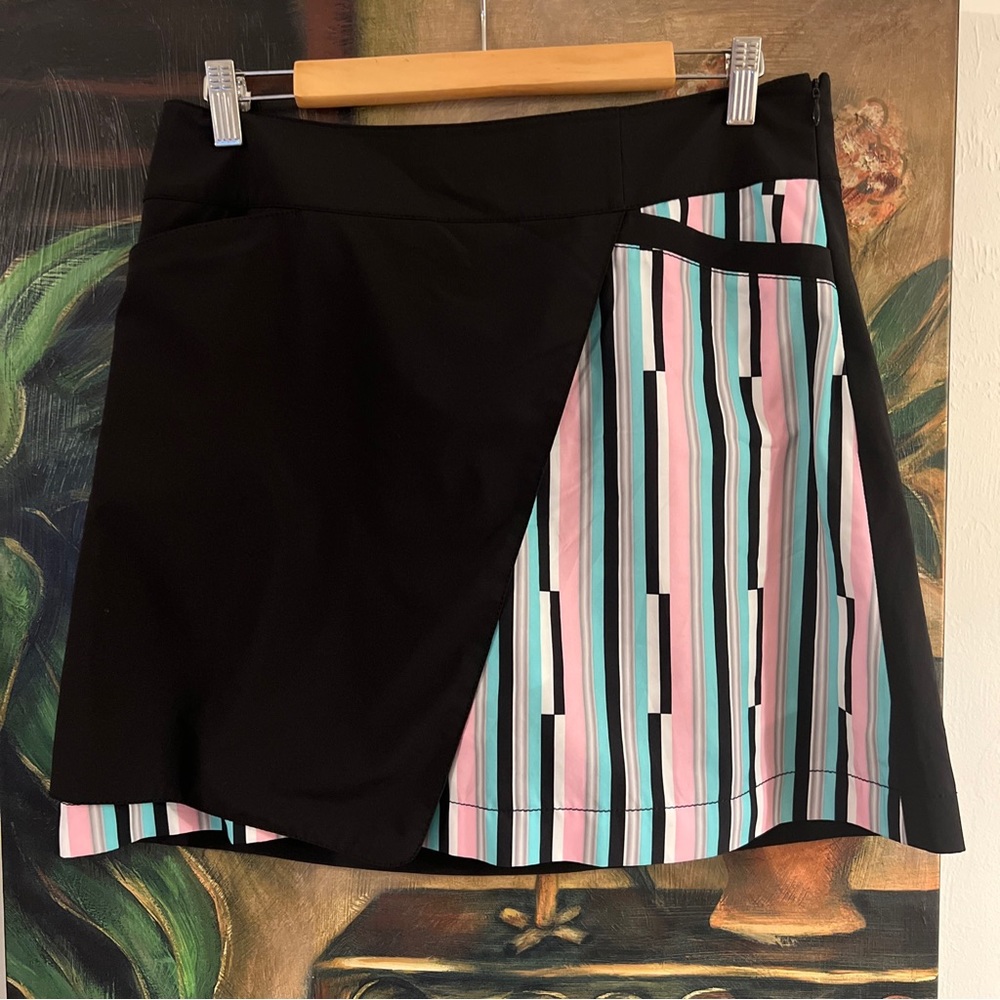 Cutter & Buck Annika Golf Skirt Skort Faux Wrap Striped Black Pink Aqua White 8